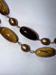 Necklace 2 Strand Tiger’s Eye Cultured Pearl Vermeil Toggle Clasp Vintage Unused