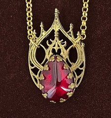 Victorian Revival Necklace Gothic Filigree Red Czech Glass Pendant