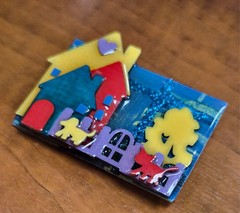 House Pins by Lucinda USA Blue Glitter Sky House Cat & Dog in Yard Pin / Brooch