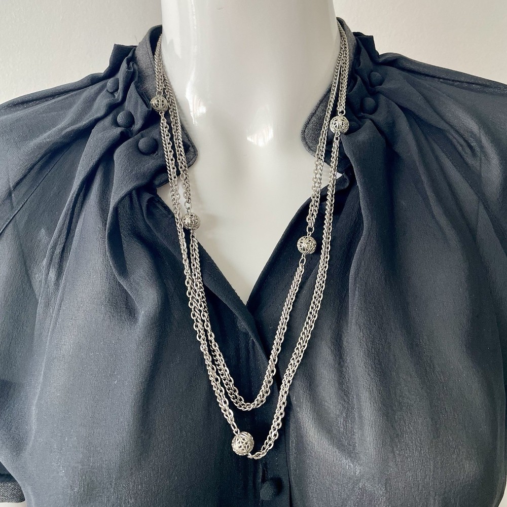 Vintage Silver Tone Multi Strand Filigree Bead Stations Chain Necklace 53” Long