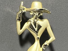 Vintage AJC Fashion Lady in Suit and Hat Brooch Gold Tone Pin 2 7/8 inch