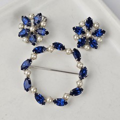 Vintage B. David Brooch & Clip Earrings Set Blue Navette Rhinestone & Faux Pearl