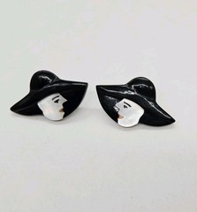 Lady in Hat Acrylic Pierced Earrings Art Deco Black and White Vintage 1 in