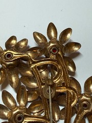 Vintage flower brooch gold tone C Clasp stamped brass red stones prong set