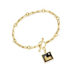 Blck Agate Rome Stamp Charm w Single Lab-Grown Diamond in 18k Gold Plate