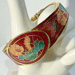 Cloisonne Enamel Bracelet Hinged Bangle Push-in Clasp Floral on Black
