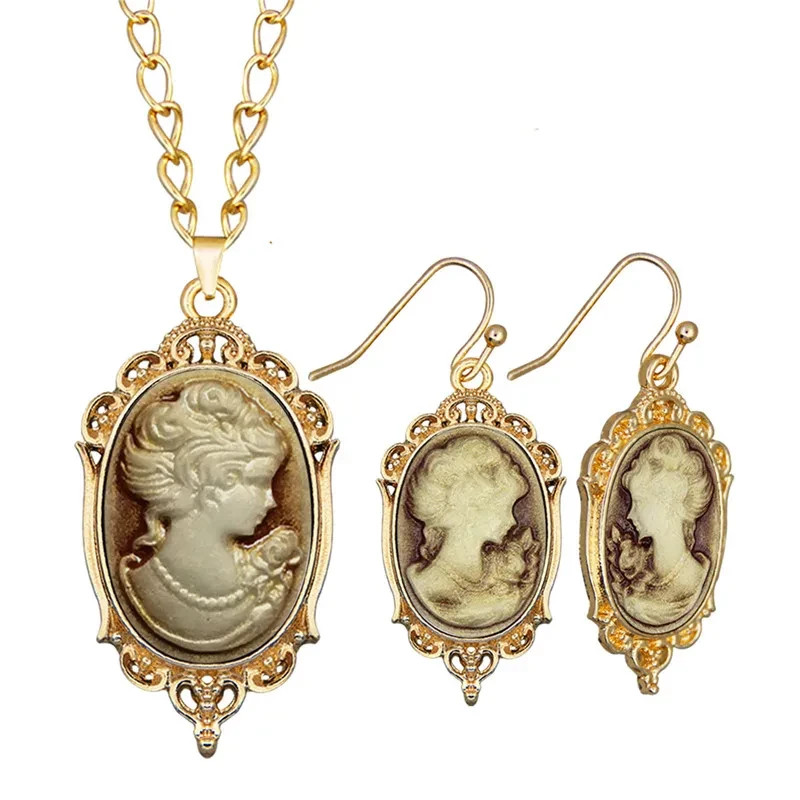 Vintage Cameo Necklace Earrings Set Champagne Gold Victorian Style Jewelry