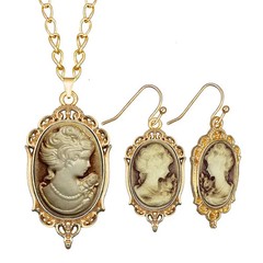 Vintage Cameo Necklace Earrings Set Champagne Gold Victorian Style Jewelry
