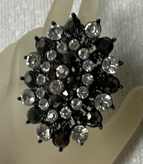 Black Faceted Rhinestone Oval Costume Statement Cocktail Ring Stretch Band r4