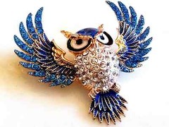 RHINESTONE OWL BROOCH! Enameled Wise Bird Pendant/Pin. Deep Blue Crystals.