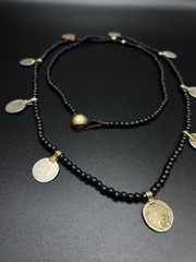 Vintage Black Beaded Coin Necklace, Tribal Boho Necklace, Ethnic Coin Charm