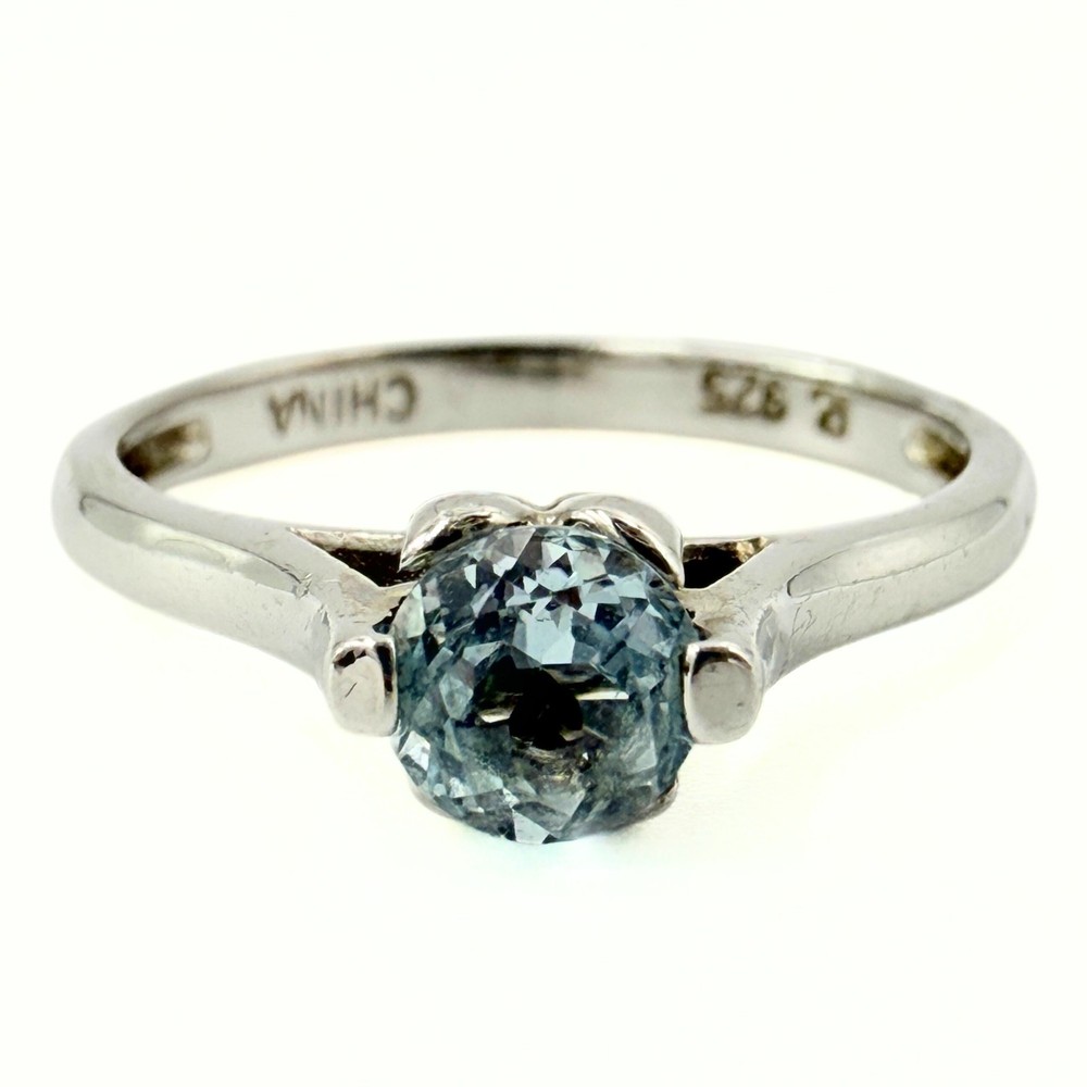 Contemporary Hallmarked Rhodium Plated Swiss Blue Topaz Ring Sz 7