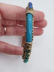 Vintage Metal, Plastic & Rhinestone Bangle Bracelet Blues & Greens