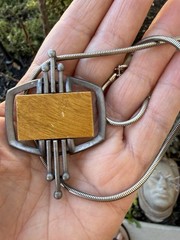 Vintage Mid Century Modern Silver Plate & Wood Gold Crown Inc Pendant Necklace