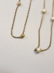 Lot of 2 Vintage Faux-Pearl Necklace Gold Tone Chain Spring Ring
