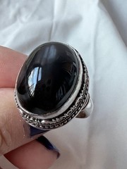 VINTAGE HUGE BLACK STAR CATS EYE MOONSTONE ? CABOCHON 925 STERLING SILVER RING