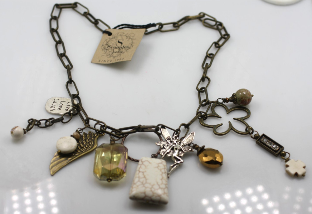 Scooples bronze tone chain links necklace fairy glass/ stone wings charms Love