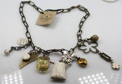 Scooples bronze tone chain links necklace fairy glass/ stone wings charms Love