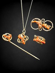 4pc Antique Victorian Gold Fill Mediterranean Coral Jewelry Set Brooch Necklace