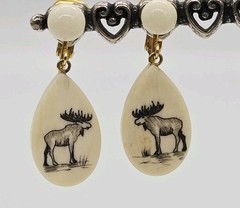 Moose Faux Scrimshaw Earrings Cream Drop Dangle Clip on Gold Tone 1.5 in