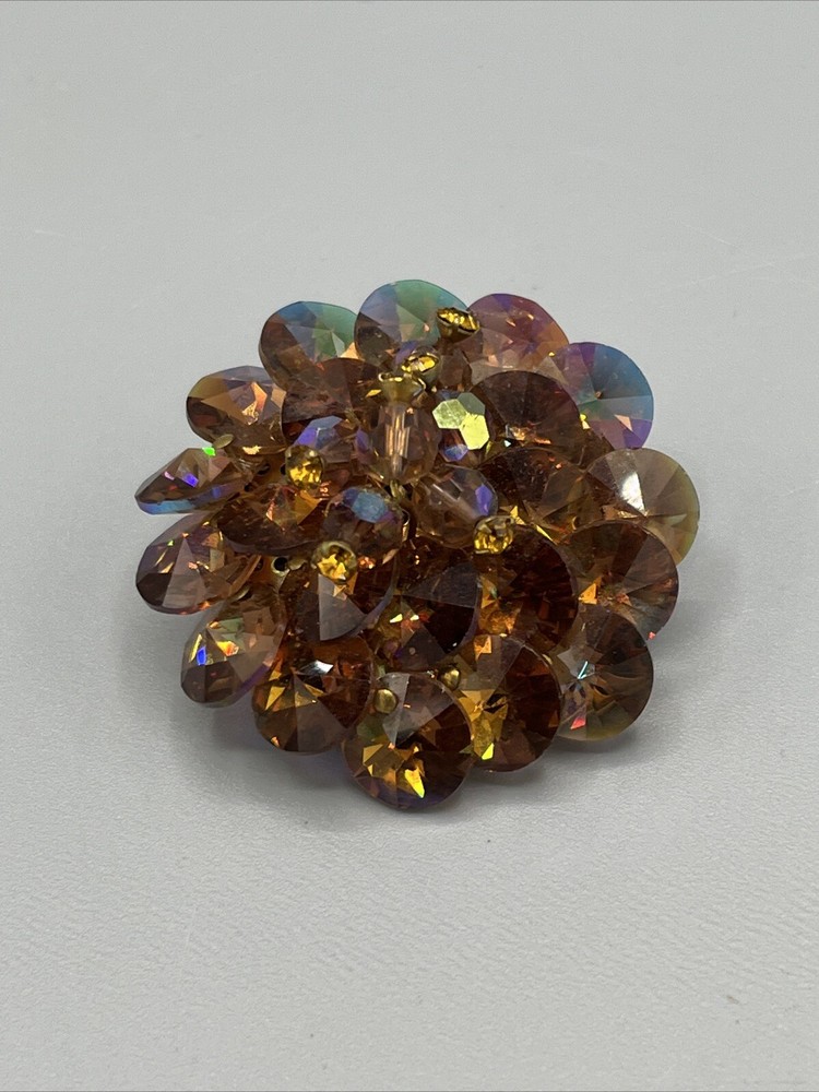 Vintage Brown Iridescent Glass Pin Cluster Rivioli Bead Brooch 1950’s-1970’s