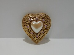 Vintage Faux Pearl Heart Pink Rhinestone Brooch Pin Gold Tone