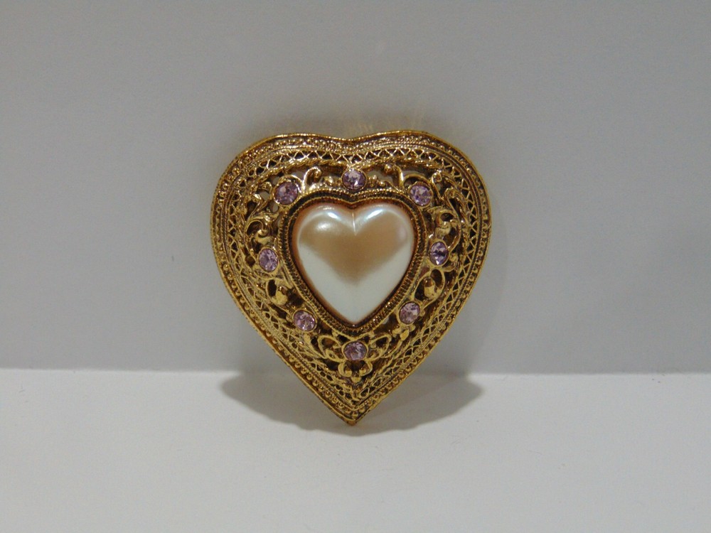 Vintage Faux Pearl Heart Pink Rhinestone Brooch Pin Gold Tone