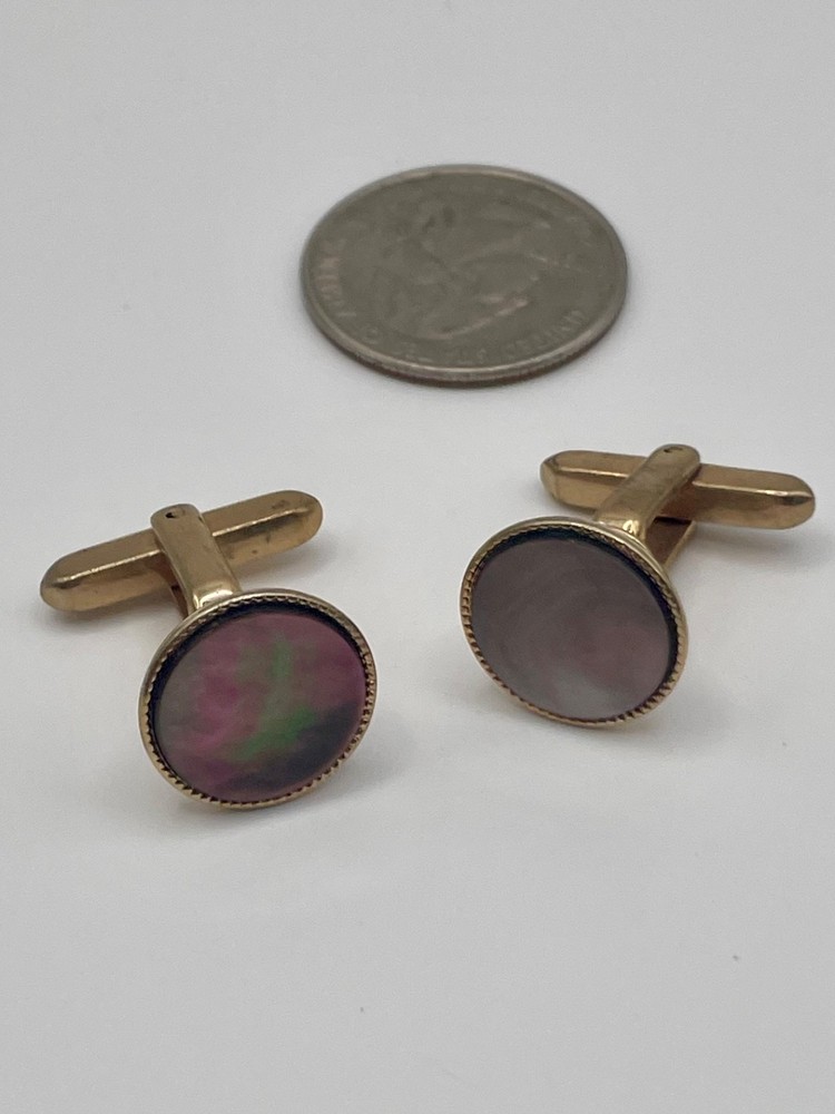 Vintage Gold Tone Black Mother of Pearl Hickok Cufflinks Round Iridescent Shell