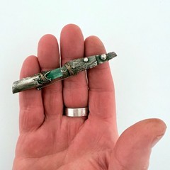 vintage Modernist reticulated sterling, bronze and tourmaline crystal bar brooch