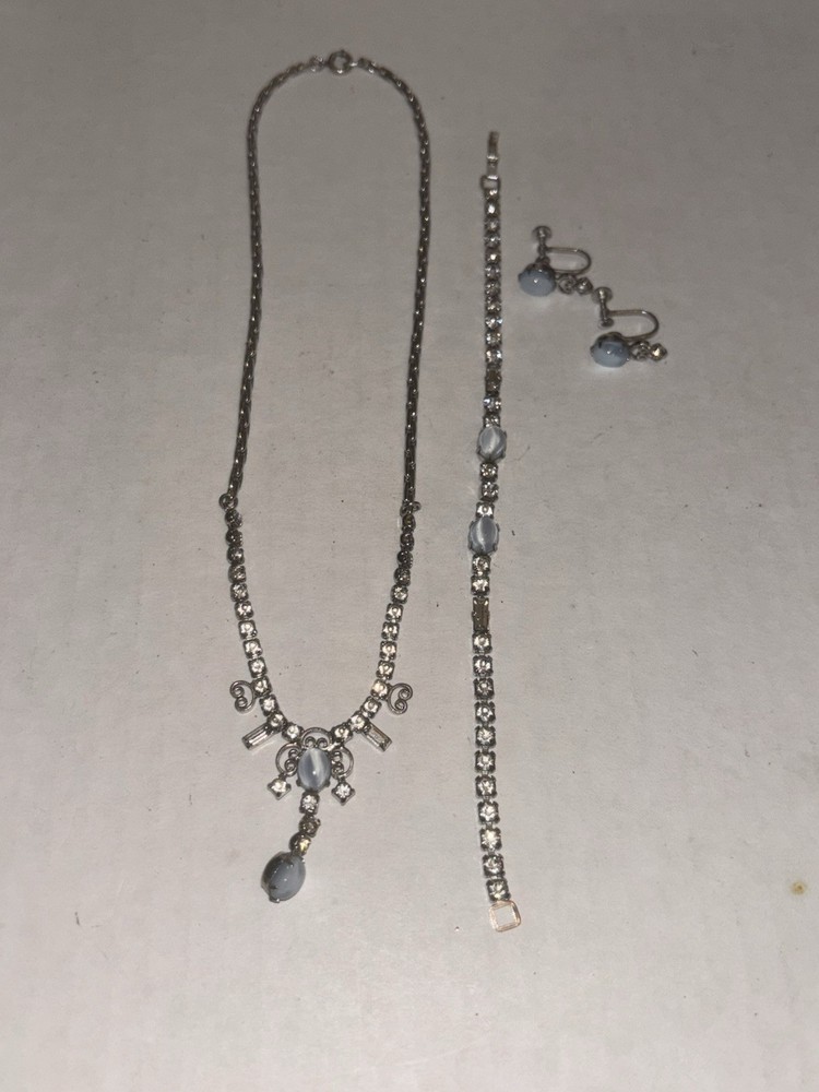 VTG L G Lind Gal Rhinestone & Blue Moonstone 3 pc matching Jewelry Set Demi Paru