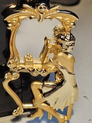Vintage AJC Gold Tone Art Deco Fancy Lady Vanity Mirror Brooch Pin