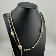 Vintage Flapper Chain Necklace Gold Tone Textured Cable Link Oval Station Bead