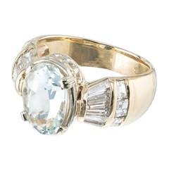 Estate Rare Clear Pale Blue Aqua Tapered Baguette Diamond 1960s 14k Gold Ring