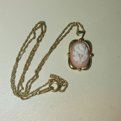 Crown Trifari Necklace Stamp Floral Cameo Pendant Gold Toned Vintage 1950 1970s