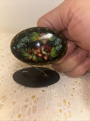Vintage Hand Painted Russian Lacquer Brooches Signed Floral Folk Art Set Of 2