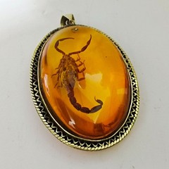 Amber scorpion pendant, natural insect fossil, vintage archaeological jewelry