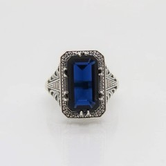 Art Deco Sapphire Ring Silver Vintage Filigree Blue Emerald Statement Jewelry