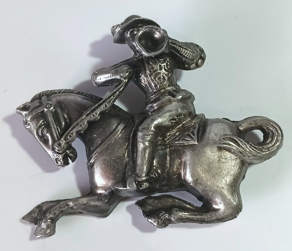 Vintage Pewter? Brooch: Medieval Soldier Blowing Horn on Galloping Horse