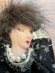 VTG Lady Face Brooch Pin Black Fur Feather Hat Faux Pearls Art Deco Statement