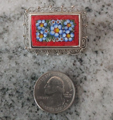 Vintage Italian Micro Mosaic brooch pin in red, blue, green, white and yellow