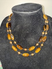 Necklace 2 Strand Tiger’s Eye Cultured Pearl Vermeil Toggle Clasp Vintage Unused
