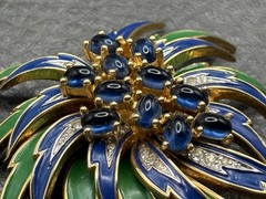 RARE VTG JOMAZ Blue Green Enamel Flower Cabochon Rhinestone Gold Tone Brooch Pin