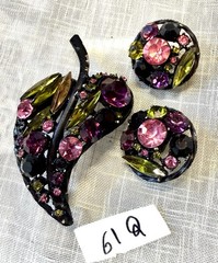 VTG.Black Japanned Rhinestone Brooch Clip Earring Set Pink Purple Green Navette
