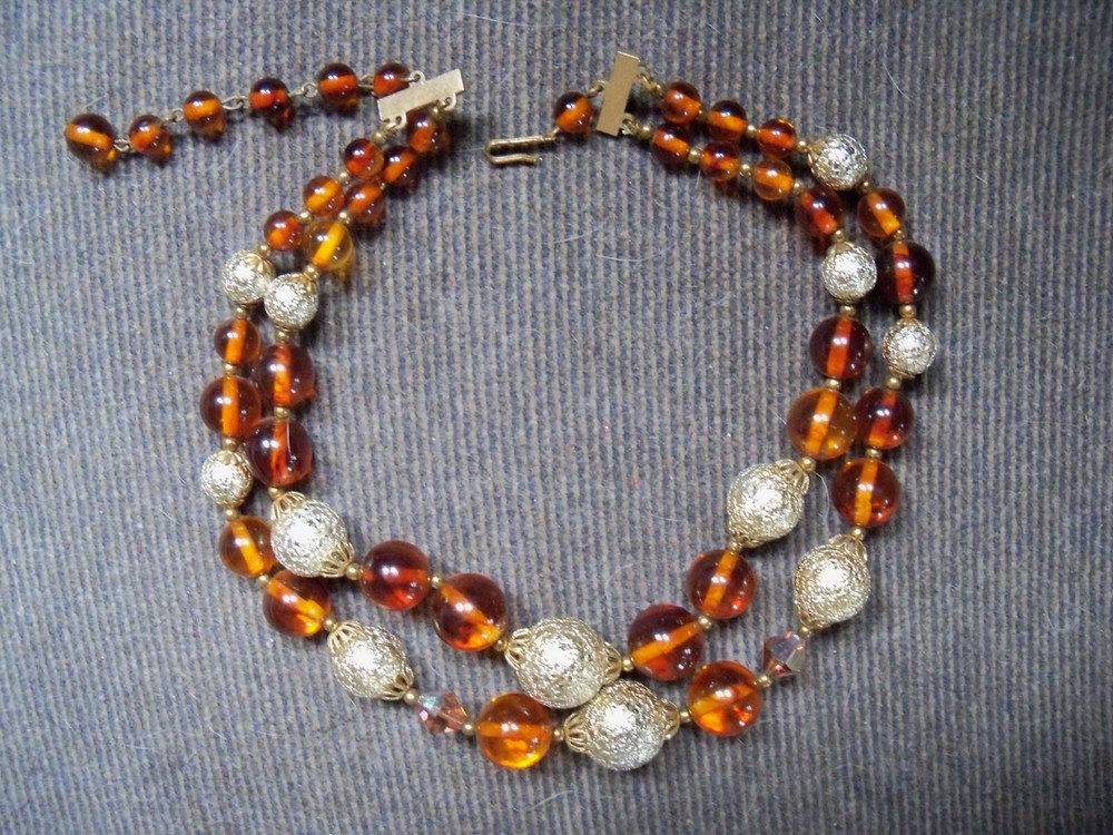 1955 Vintage Glass / Plastic / Textured Metal/Faceted Bead Two Strand Necklace