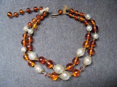 1955 Vintage Glass / Plastic / Textured Metal/Faceted Bead Two Strand Necklace