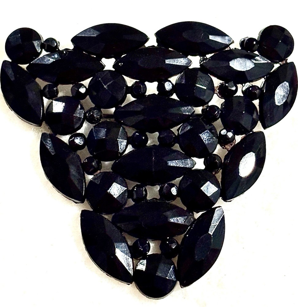 Antique Czech Black Glass Brooch Art Deco French Jet Gothic Mourning Jewelry Pin