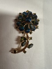VTG Edlee Capri Rivoli Flower Brooch Blue Green Olivine Rhinestones Mid Century