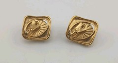 Vintage YSL Yves Saint Laurent Gold Tone Blue Cabochon Pierced Clip Earrings…