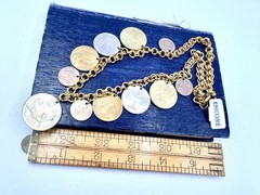 Vintage Coin Necklace Israel Bahamas Mixed Coins Charms 18” Gold Tone Chain HJ