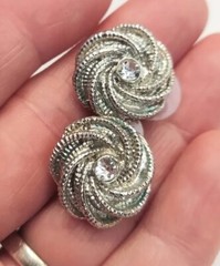 Vintage Estate Silver Twisted Round Textured Post Pierced Rhinestones Earrings